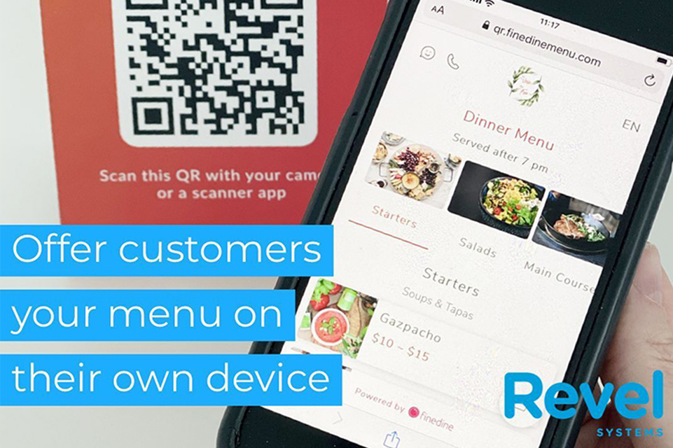 Mobile phone showing a preview of the Revel app interface with "Try our mobile menu" QR sticker in background